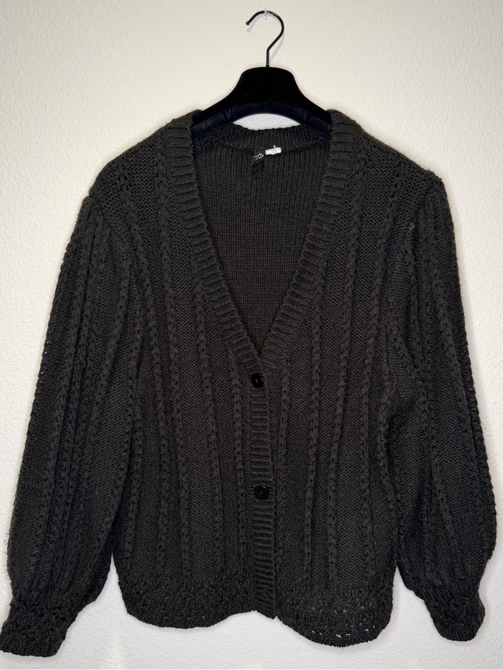 Black Balloon sleeve V-Neck Cable Knit Women's Cardigan Sweater
